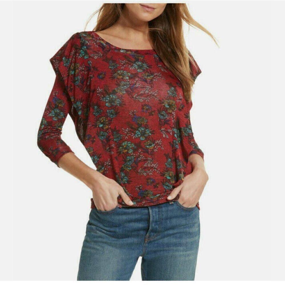 Free People Dock Street Red Floral Ruffle 3/4 Sleeve Top-Size L